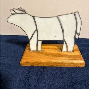 6” Homemade White Stained Glass Cow Cattle Simmental Decor Accent Award Farm